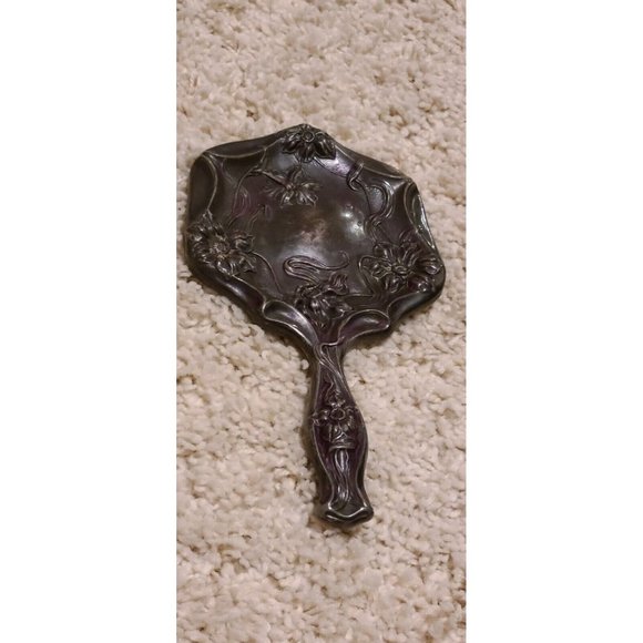 Antique Early 1900's Van Bergh Quadruple Plate Floral Handheld Vanity Mirror